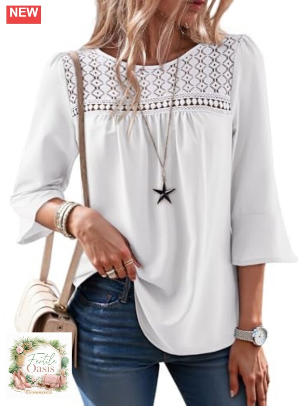 Womens 3/4 Sleeve Lace Boho Chiffon Ruffle Casual Blouse